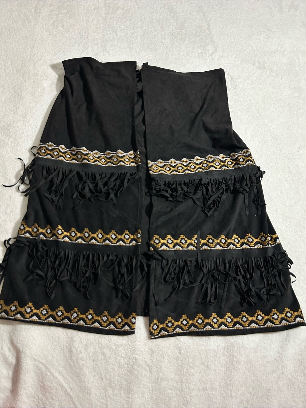 Black Fringe Embroidered Long Vest with Gold Accent - Women's